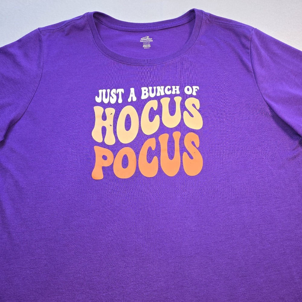 Hocus Pocus Shirt Womens L 12-14 Purple Halloween Graphic Tee Groovy Retro 70s..